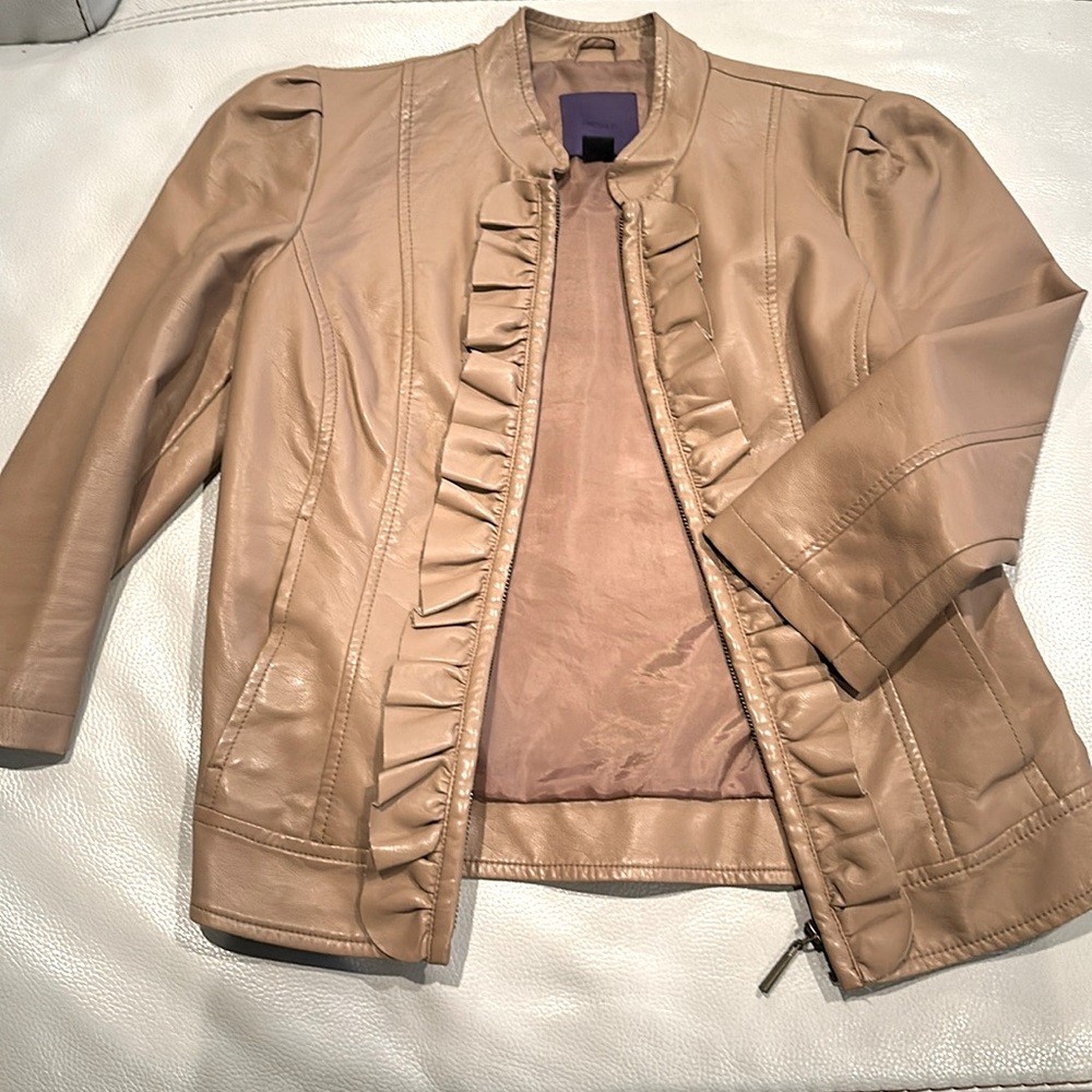 Forever 21 three-quarter sleeve PU leather jacket w subtle ruffles in camel sz S